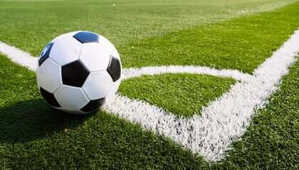 Soccer Football on Corner kick line of ball and a soccer field , football field, close-up