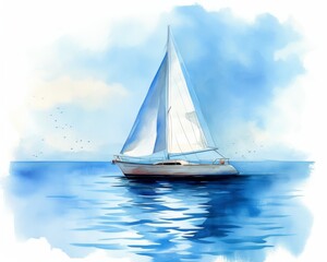 Fototapeta premium Yacht with white sail in sea. Watercolor isolated illustration on white background. 