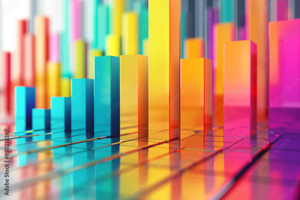 Poster a vibrant, abstract representation of colorful 3d bar graphs, illustrating various data and analytic