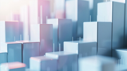 Fototapeta premium Abstract cityscape of high-rise buildings with a soft, pastel color palette, creating a dreamy and modern urban landscape scene.