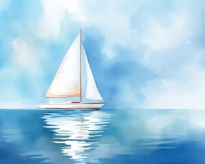 Yacht with white sail in sea. Watercolor isolated illustration on white background. 