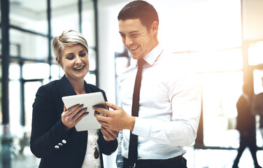 Business people, tablet and conversation with collaboration, online and planning for project with...