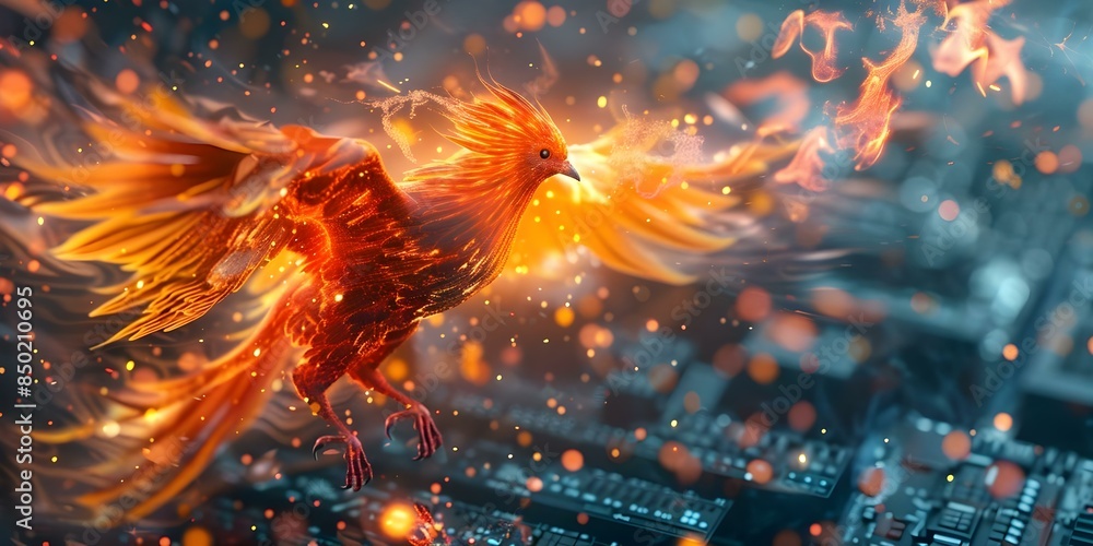 Aufkleber rising from the digital disaster recovering data like a phoenix from server ashes. concept disaster 