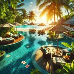 Obraz premium Tropical Poolside Relaxation With Lounge Chairs And Umbrellas