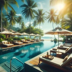Obraz premium Tropical Poolside Relaxation With Lounge Chairs And Umbrellas
