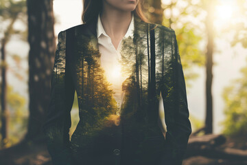 Double exposure of a confident woman in a business suit with a background of a serene forest, symbolizing nature and corporate harmony.