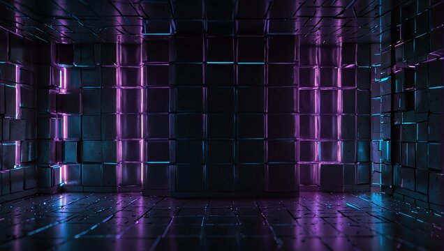 Shiny and uneven grid block surface with neon glow blue and purple light, cyberspace concept, futuristic technology abstract background.