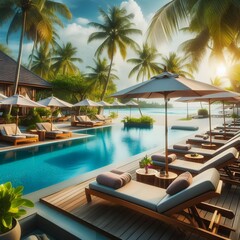 Fototapeta premium Tropical Poolside Relaxation With Lounge Chairs And Umbrellas
