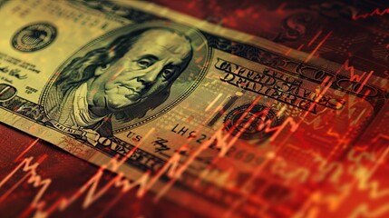 The U.S. dollar depicted against a backdrop of a declining chart, representing the American economy's downturn. Indicators of an economic crisis in America include reduced profits and a recession.
