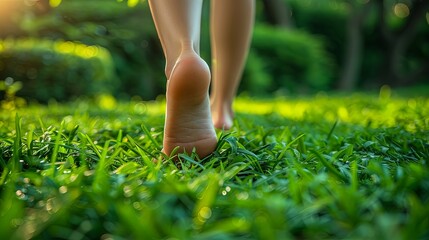 Close-up image featuring a person's bare feet walking on lush green grass, highlighting a sense of freedom and connection with nature