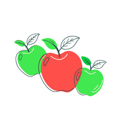 Three apples, two green, one red, black outline, illustration, transparent background