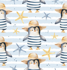 Seamless pattern with a cute pegwin in a hat. A repeating pattern with a penguin in a striped suit. Summer wallpaper.