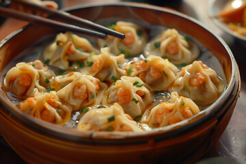 A close-up of a bamboo steamer filled with freshly made dim sum dumplings. A dumpling, topped with finely chopped vegetables, is being lifted by chopsticks, showcasing beautifully arranged.