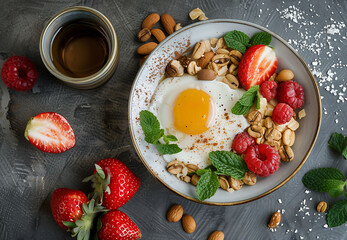 A beautifully arranged breakfast featuring a fried egg, fresh strawberries, raspberries, almonds, and mint leaves, served on a stylish plate with a side of coffee. The combination of vibrant c
