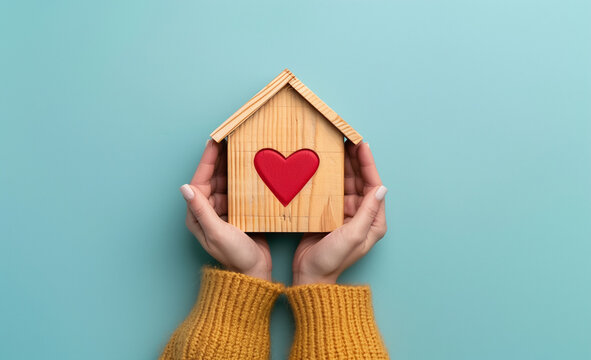 Avere a cuore la propria casa. Due mani stringono una casetta di legno con un cuore dentro. Spazio per messaggio.