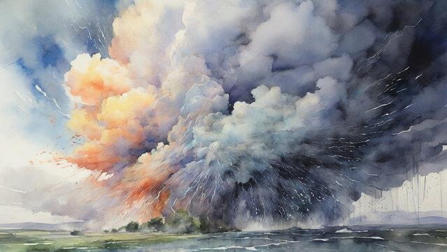 Watercolor painting: A microburst unleashing its fury, its sudden winds and intense rainfall a reminder of nature's unpredictable power,