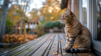A Cat Sits Contentedly On A Wooden Deck, Enjoying The Fresh Air