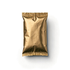A reflective gold metallic foil package stands out on a transparent, white background, suited for png use