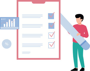 The boy is marking the list.