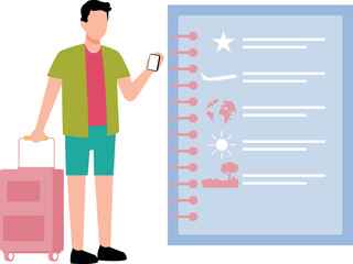 The boy is standing with a suitcase.