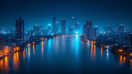 Fototapeta premium Stunning cityscape at night with illuminated skyscrapers reflecting on a calm river, showcasing modern urban architecture and vibrant city lights.