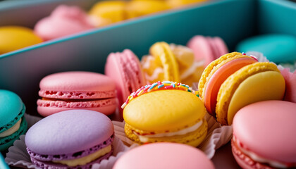 colorful souvenir macarons in a box, decorative background, copy space for text, ad shot