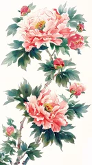 Gordijnen National trend peony flower, Chinese style meticulous peony flower illustration © lin