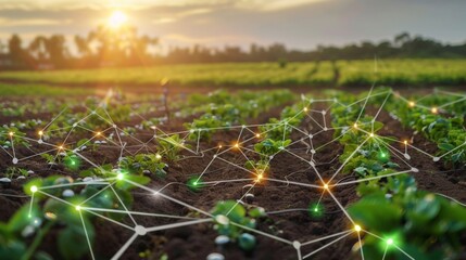 The image shows a lush green field of crops with a beautiful sunset in the background