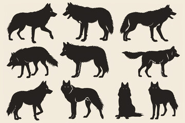 Set of sleek black wolf silhouettes in various majestic poses. Animal illustration concept