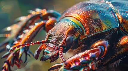 The image shows the a beautiful and unique metallic rainbow-colored beetle with water drops on its back and legs.