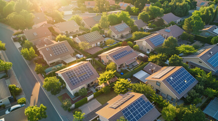 Aerial View of Solar-Powered Residential Neighborhood. he sun bathes the entire scene in a warm, golden light, highlighting the lush green trees and well-maintained rooftops. 