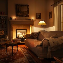 A cozy living room with a fireplace, a couch, and a coffee table