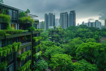 Fototapeta premium Abandoned high-rise buildings covered with plants