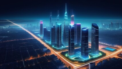 Obraz premium Bird's eye view of a night city with skyscrapers and night lighting