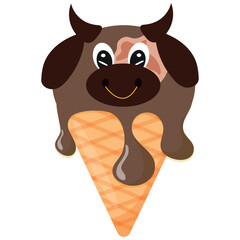 cone with brown ice cream and animal print, namely with a bull's face and a waffle cone, for design, for packaging or advertising