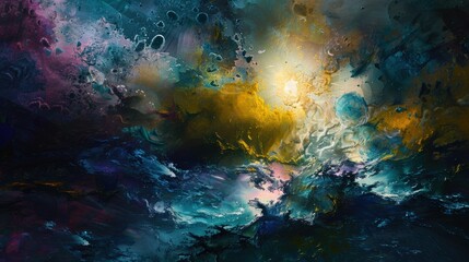 Obraz premium Abstract painting with vibrant colors, depicting a dynamic blend of textures and light, creating a cosmic and ethereal atmosphere.