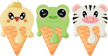 set of cones with ice cream and animal print, namely frog face, chicken face, zebra face and waffle cone, for design, packaging or advertising	