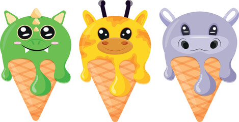 set of cones with ice cream and animal print, namely hippo face, giraffe face and dragon face and waffle cone, for design, packaging or advertising	