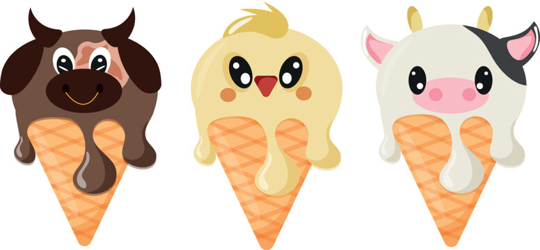 set of cones with ice cream and animal print, namely cow face, bull face, chicken fsce and waffle cone, for design, packaging or advertising	