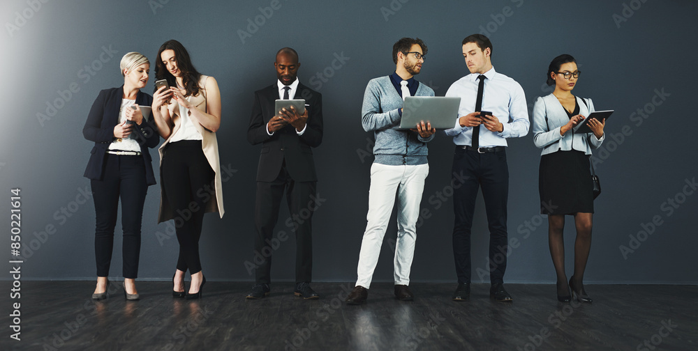 Poster people, recruitment and mobile tech in row, hr and company as web developer in digital agency or net