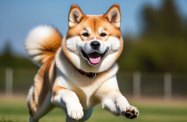 Cute and funny Akita jumping in the park