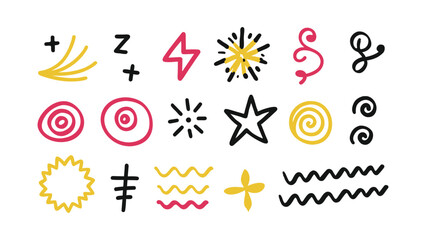 Collection of simple hand drawn elements. Sketch underlines, icons, emphasis, speech bubbles, arrows, spirals, triangles, circles, squares and other shapes.