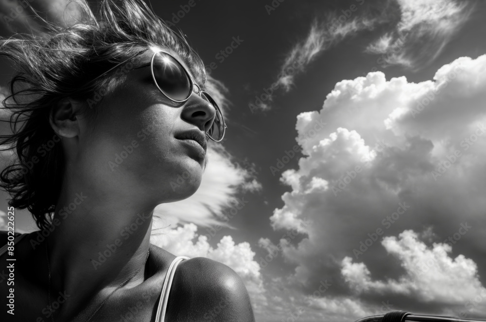 Wall mural a woman with long hair and sunglasses is looking up at the sky