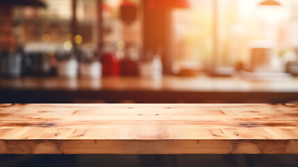 Empty wooden tabletop with blurred background for product display or visual composition layout