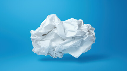 Fototapeta premium A crumpled white paper with a speech bubble on a blue background, representing communication, brainstorming, and creativity.