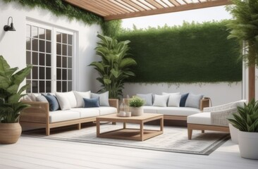 Fototapeta premium Cozy terrace with outdoor furniture and plants