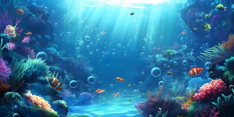 Naklejka premium An underwater scene with vibrant coral reefs, colorful fish swimming around and bubbles rising from the ocean floor