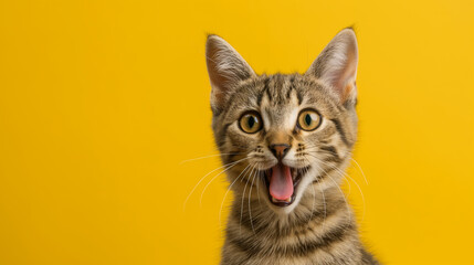 A cat with its mouth open and tongue out, looking at the camera. The cat appears to be happy and excited. Surprised shocked cat with open mouth, Animal photography
