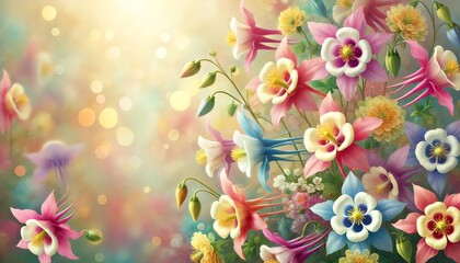 A bright spring background featuring a variety of colorful columbine flowers