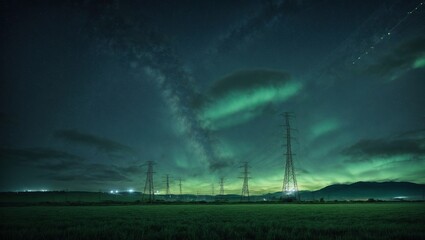 Overhead Electricity Transmission Lines with 3D Digital Visualization of Electricity. Epic Animation with Night Sky Full of Stars. Concept of Renewable Green Energy and Ecological Environment